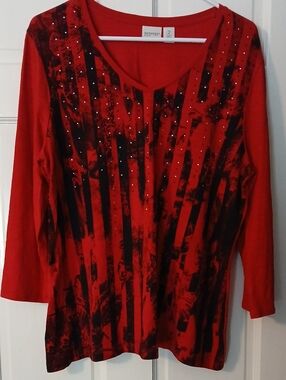 Zenergy By Chico's Red & Black Rhinestone V-Neck Long Sleeve Top